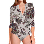 Vintage Paisley Pattern Print Long Sleeve Swimsuit