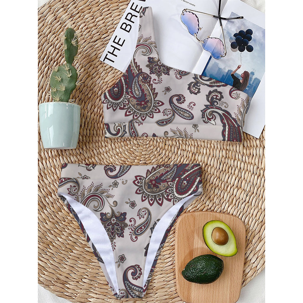 Vintage Paisley Pattern Print One Shoulder Bikini Top