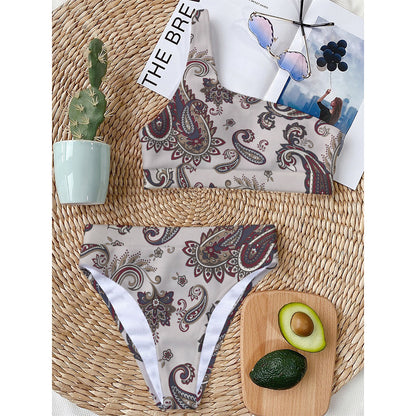 Vintage Paisley Pattern Print One Shoulder Bikini Top