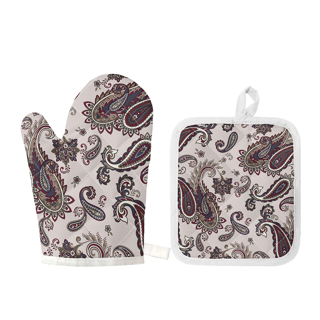 Vintage Paisley Pattern Print Oven Mitt And Pot Holder Set
