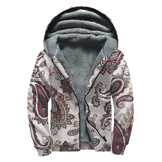 Vintage Paisley Pattern Print Sherpa Lined Zip Up Hoodie