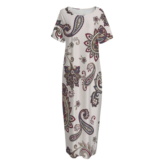 Vintage Paisley Pattern Print Short Sleeve Long Nightdress