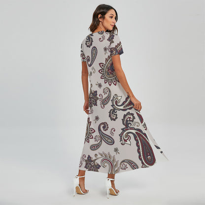 Vintage Paisley Pattern Print Short Sleeve Maxi Dress