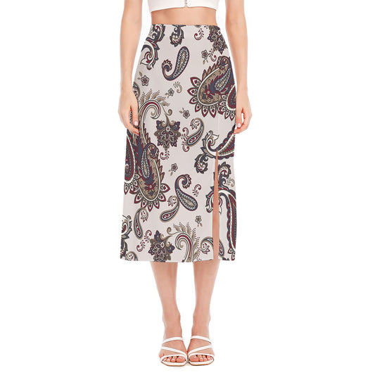 Vintage Paisley Pattern Print Side Slit Midi Skirt