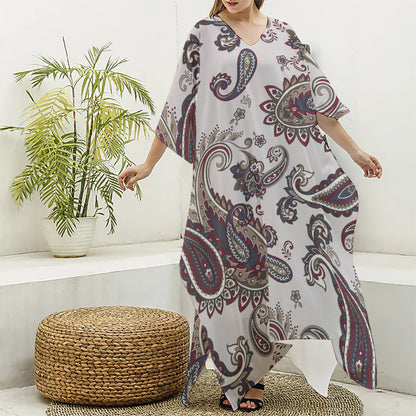 Vintage Paisley Pattern Print Silk V-Neck Kaftan Dress