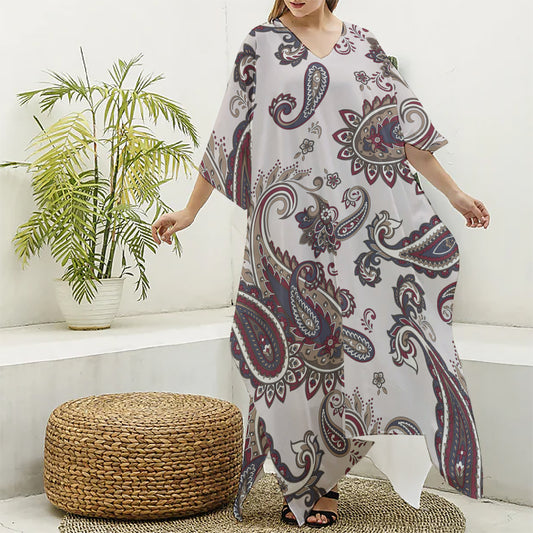 Vintage Paisley Pattern Print Silk V-Neck Kaftan Dress