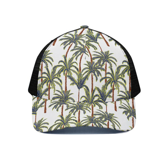 Vintage Palm Tree Beach Pattern Print Black Mesh Trucker Cap