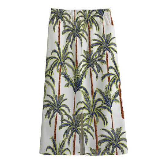 Vintage Palm Tree Beach Pattern Print Cotton Front Slit Maxi Skirt