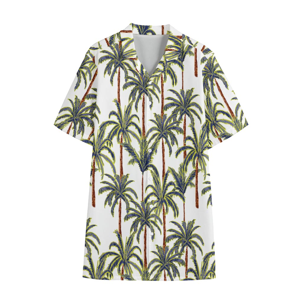 Vintage Palm Tree Beach Pattern Print Cotton Hawaiian Shirt