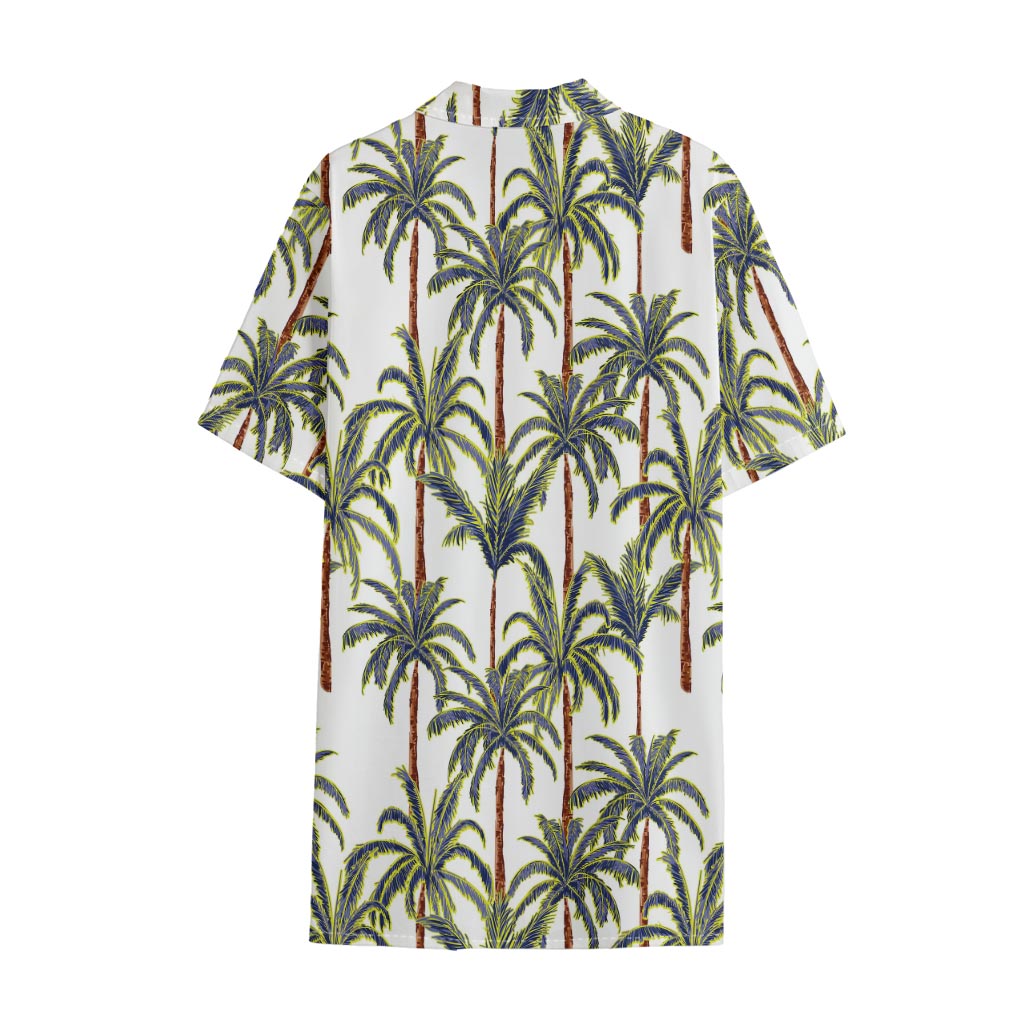 Vintage Palm Tree Beach Pattern Print Cotton Hawaiian Shirt