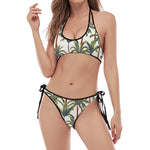 Vintage Palm Tree Beach Pattern Print Halter Scoop Tie Side Bikini
