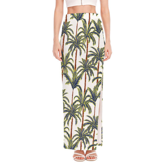 Vintage Palm Tree Beach Pattern Print High Slit Maxi Skirt