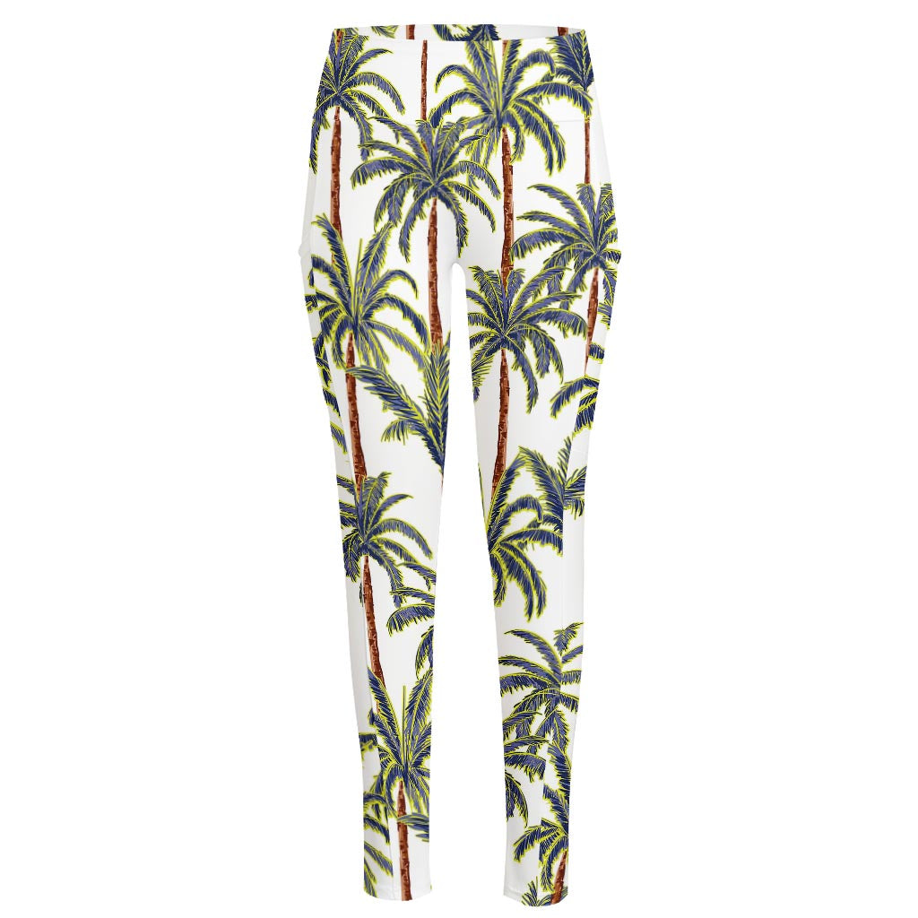 Vintage Palm Tree Beach Pattern Print High-Waisted Pocket Leggings