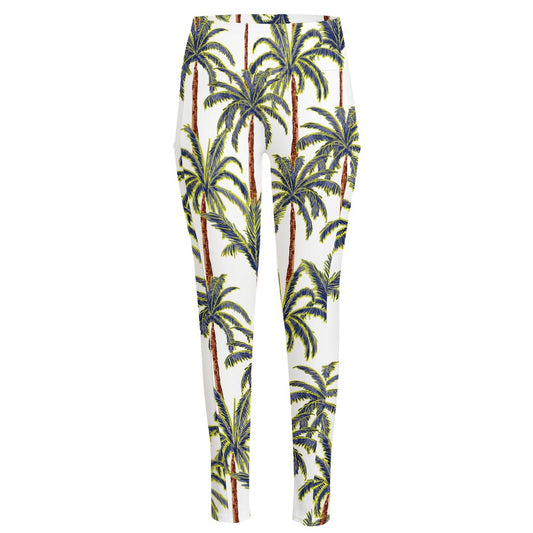 Vintage Palm Tree Beach Pattern Print High-Waisted Pocket Leggings