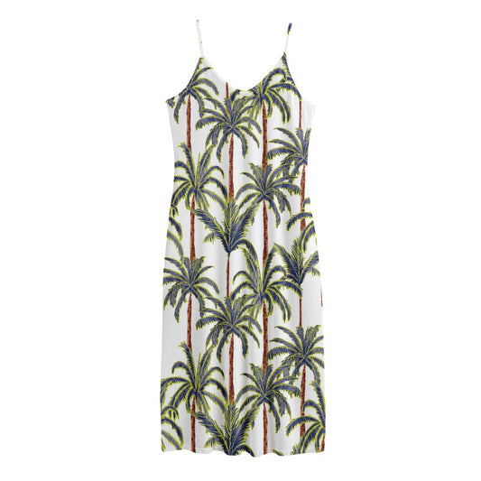 Vintage Palm Tree Beach Pattern Print Jersey Midi Cami Dress