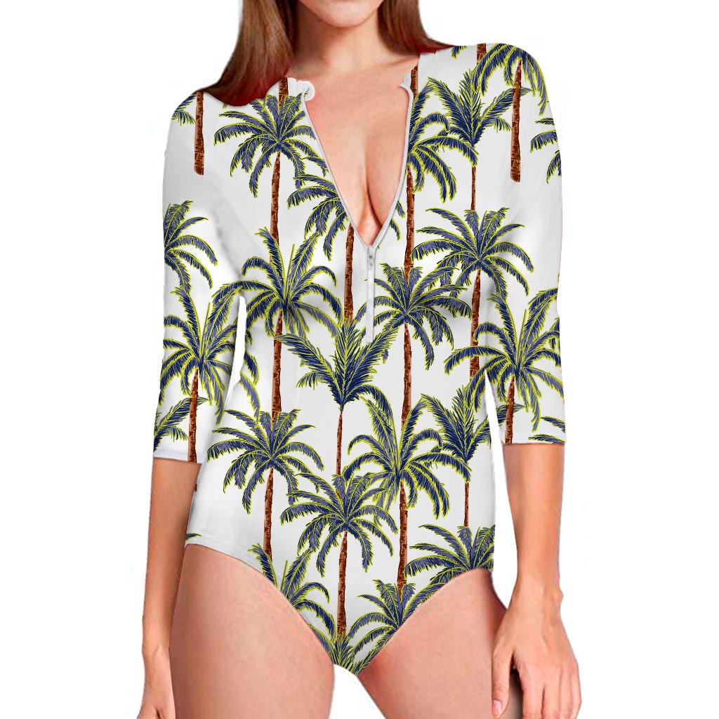 Vintage Palm Tree Beach Pattern Print Long Sleeve Swimsuit