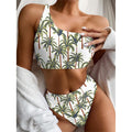 Vintage Palm Tree Beach Pattern Print One Shoulder Bikini Set