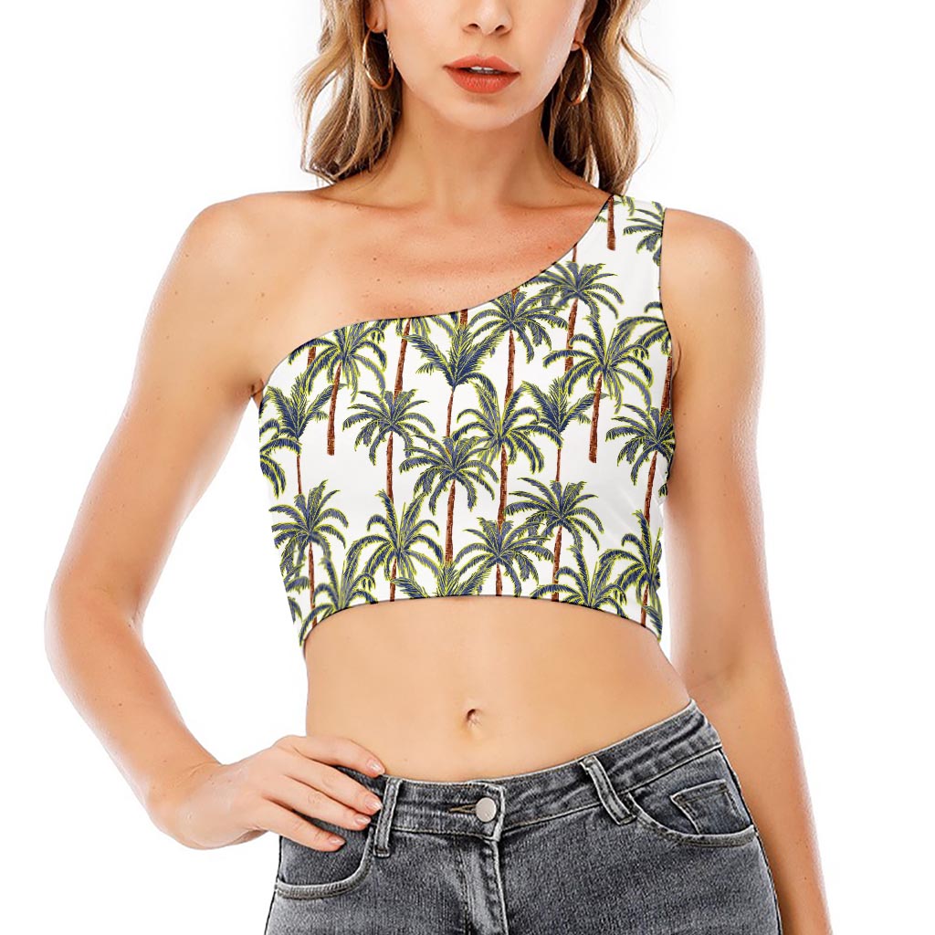 Vintage Palm Tree Beach Pattern Print One Shoulder Crop Top