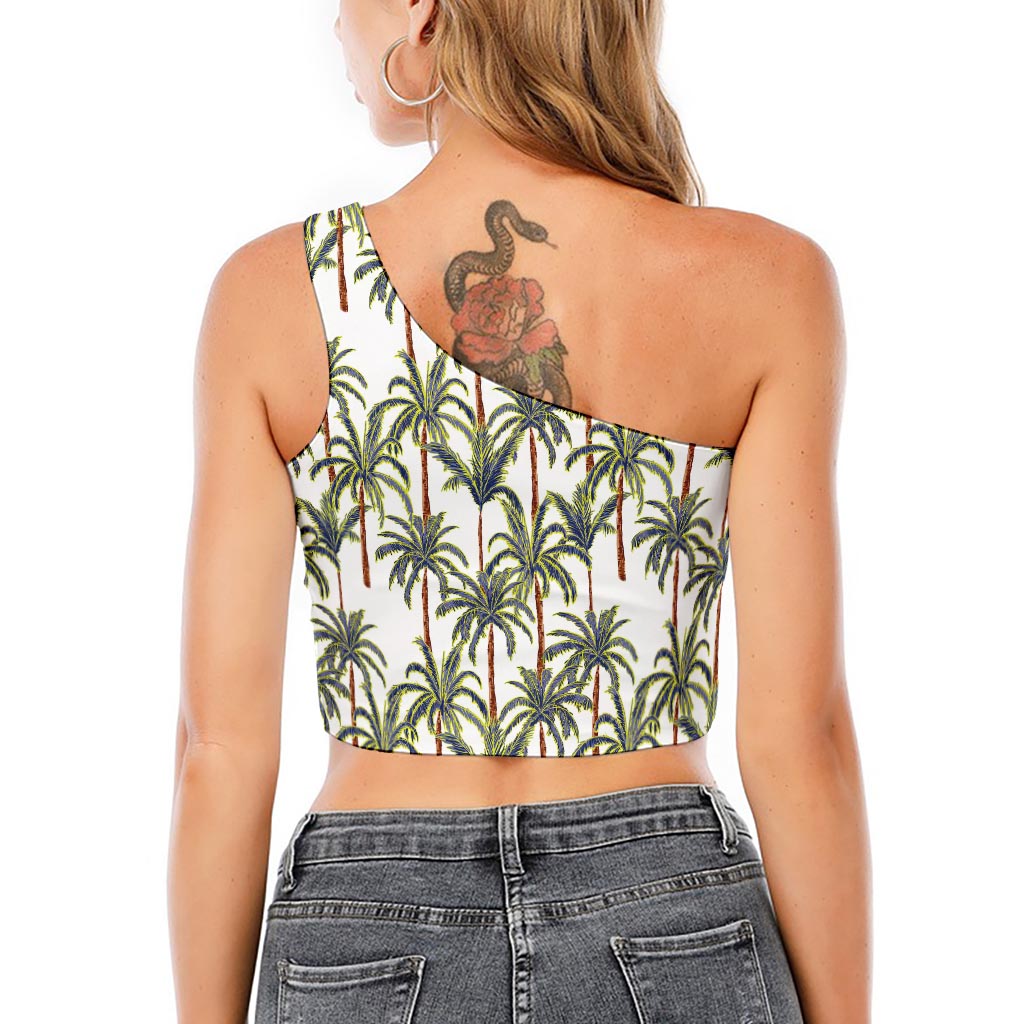Vintage Palm Tree Beach Pattern Print One Shoulder Crop Top
