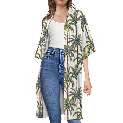 Vintage Palm Tree Beach Pattern Print Open Front Beach Cover Up