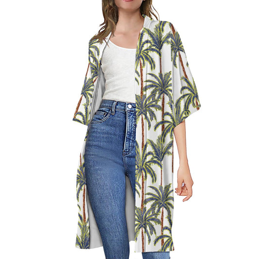 Vintage Palm Tree Beach Pattern Print Open Front Beach Cover Up