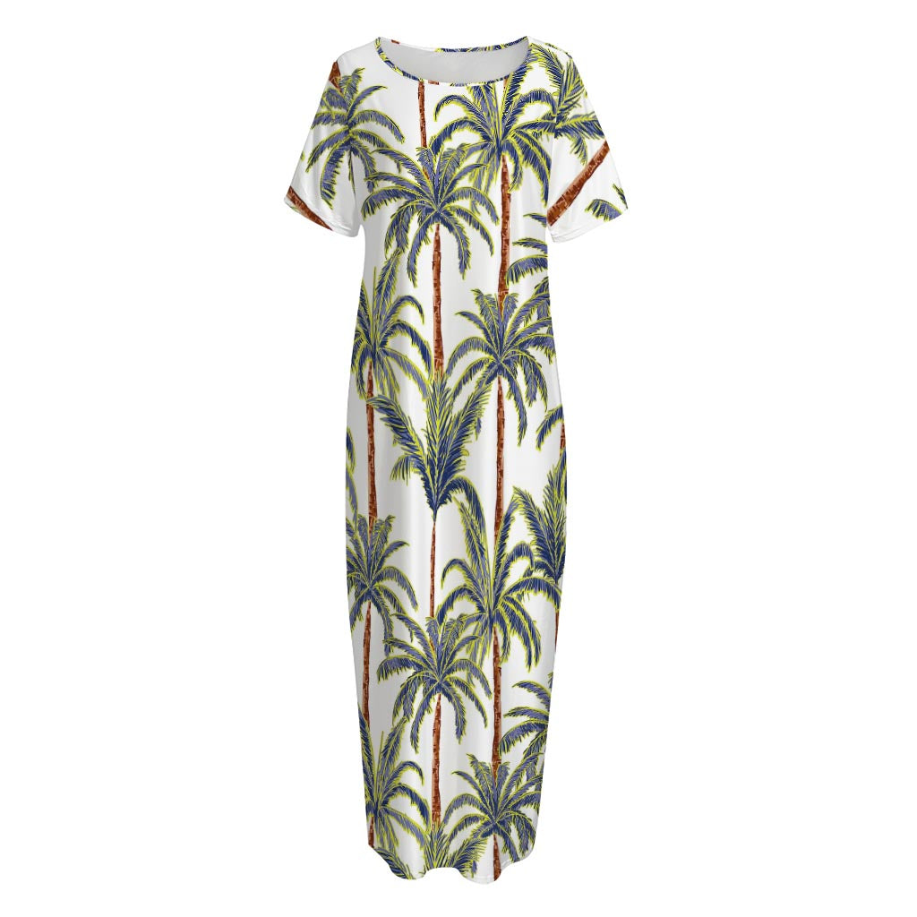 Vintage Palm Tree Beach Pattern Print Short Sleeve Long Nightdress