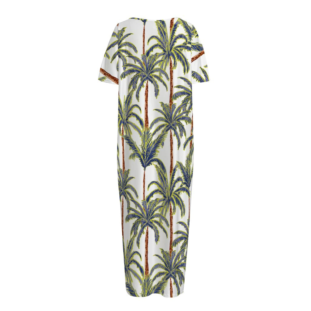 Vintage Palm Tree Beach Pattern Print Short Sleeve Long Nightdress