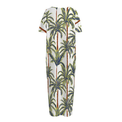 Vintage Palm Tree Beach Pattern Print Short Sleeve Long Nightdress