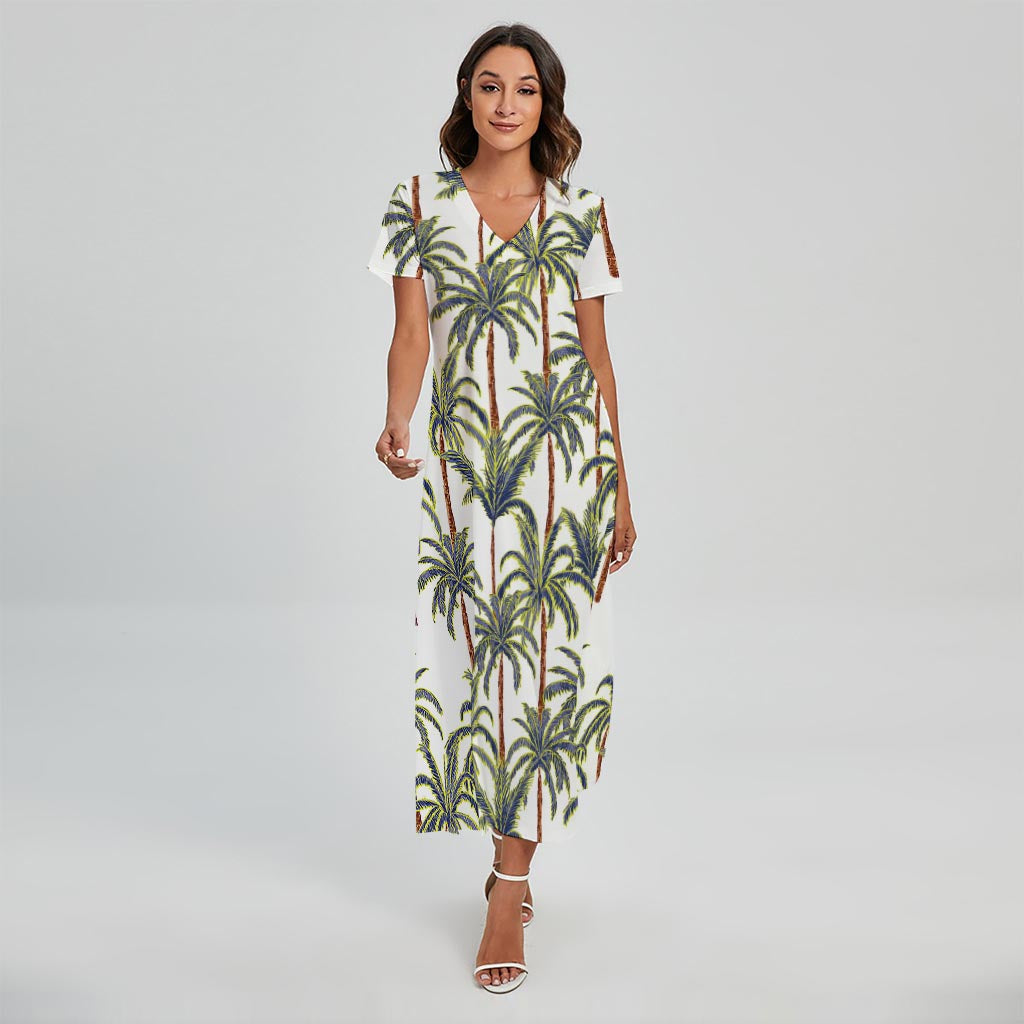 Vintage Palm Tree Beach Pattern Print Short Sleeve Maxi Dress