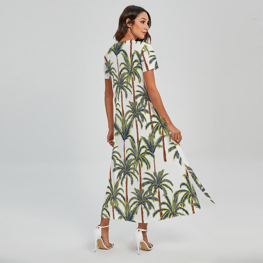 Vintage Palm Tree Beach Pattern Print Short Sleeve Maxi Dress