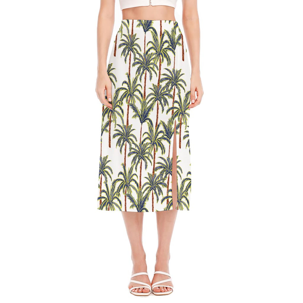 Vintage Palm Tree Beach Pattern Print Side Slit Midi Skirt