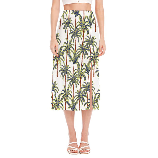 Vintage Palm Tree Beach Pattern Print Side Slit Midi Skirt