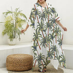 Vintage Palm Tree Beach Pattern Print Silk V-Neck Kaftan Dress