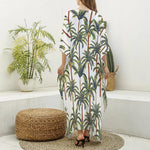 Vintage Palm Tree Beach Pattern Print Silk V-Neck Kaftan Dress