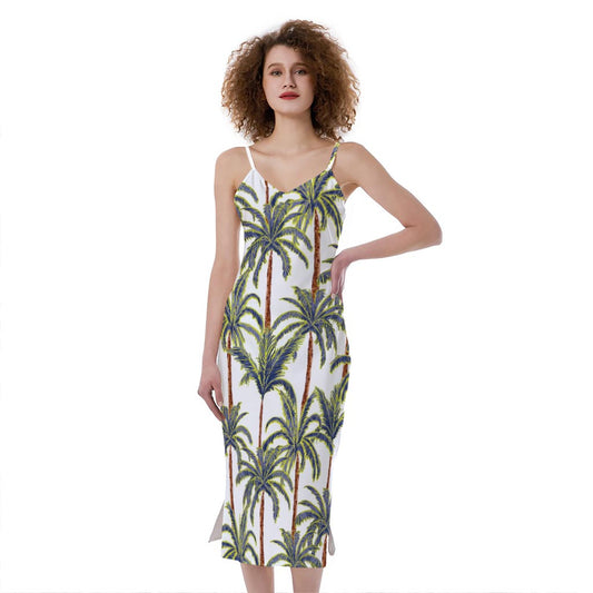 Vintage Palm Tree Beach Pattern Print Slim Fit Midi Cami Dress