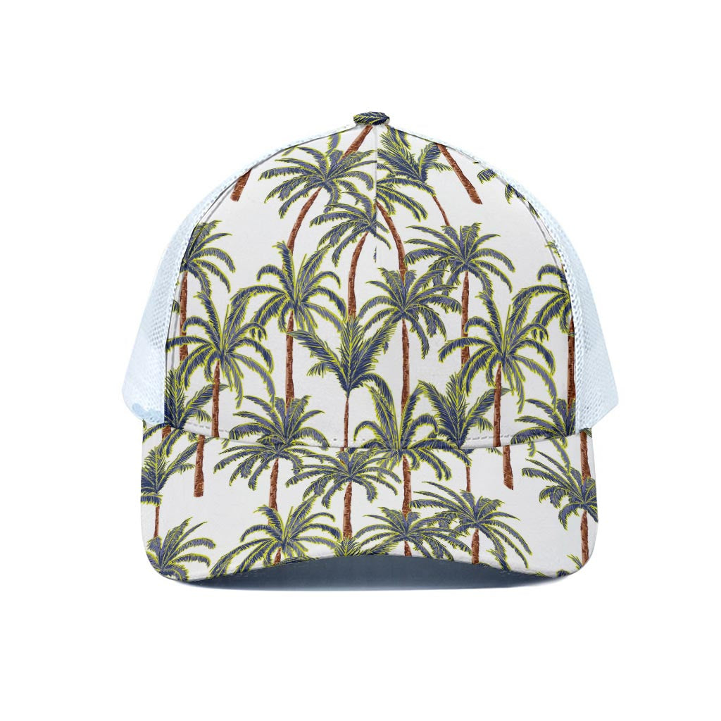 Vintage Palm Tree Beach Pattern Print White Mesh Trucker Cap