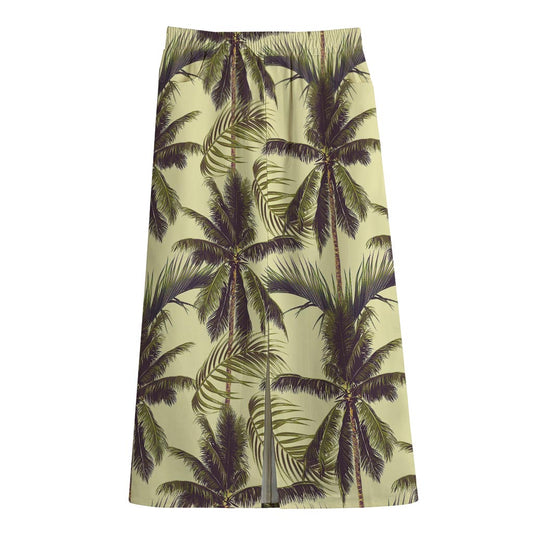 Vintage Palm Tree Pattern Print Cotton Front Slit Maxi Skirt