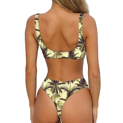 Vintage Palm Tree Pattern Print Front Bow Tie Bikini