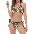 Vintage Palm Tree Pattern Print Halter Scoop Tie Side Bikini