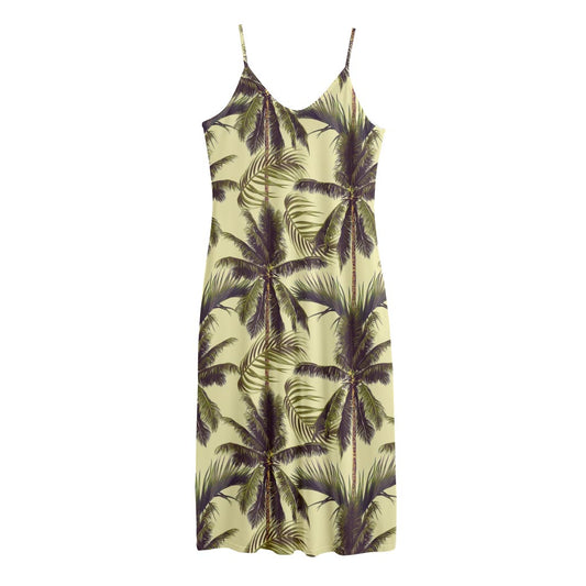 Vintage Palm Tree Pattern Print Jersey Midi Cami Dress
