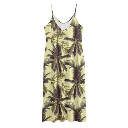 Vintage Palm Tree Pattern Print Jersey Midi Cami Dress