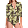 Vintage Palm Tree Pattern Print Long Sleeve Swimsuit