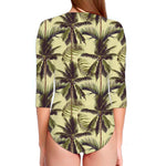 Vintage Palm Tree Pattern Print Long Sleeve Swimsuit