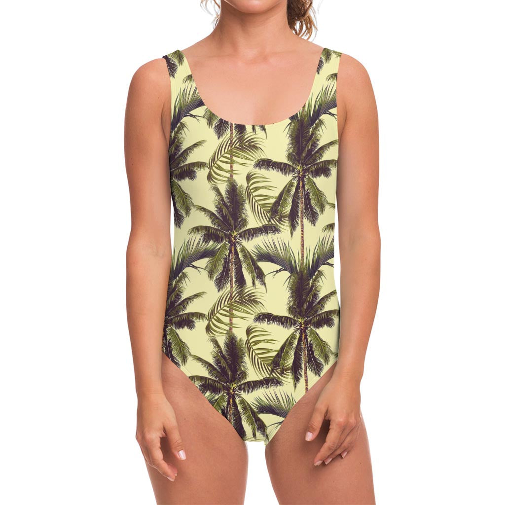 Vintage Palm Tree Pattern Print One Piece Swimsuit