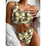 Vintage Palm Tree Pattern Print One Shoulder Bikini Top