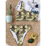 Vintage Palm Tree Pattern Print One Shoulder Bikini Top