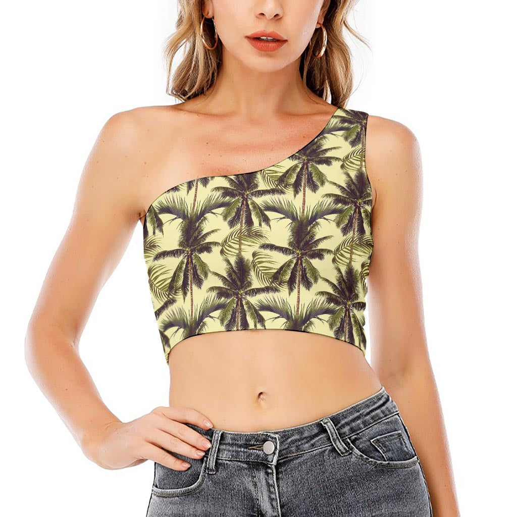 Vintage Palm Tree Pattern Print One Shoulder Crop Top