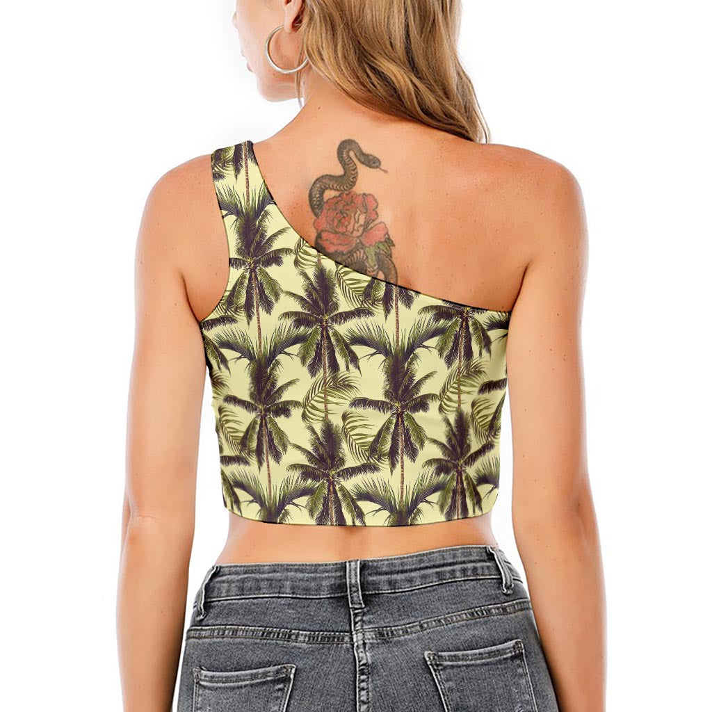 Vintage Palm Tree Pattern Print One Shoulder Crop Top