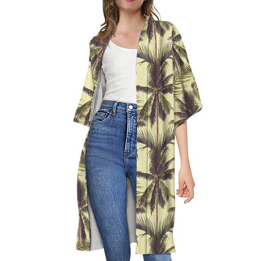 Vintage Palm Tree Pattern Print Open Front Beach Cover Up