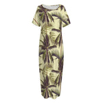 Vintage Palm Tree Pattern Print Short Sleeve Long Nightdress